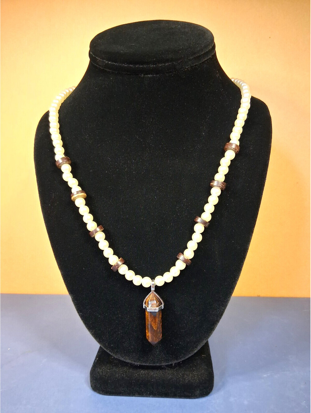 20" Wood Bead & Faux Pearl Necklace With A Tiger's Eye Hexagonal Shaped Pendant
